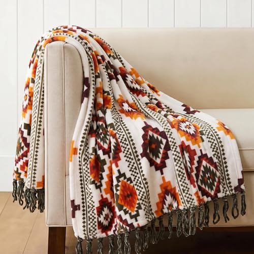 CASAAGUSTO Boho Throw Blanket with Tassel, Farmhouse Western Flannel Bohemian Blanket, Vintage Native Mexican Decorative Throw, Ideal for Gifting (50x60 Inches, Orange and Green)