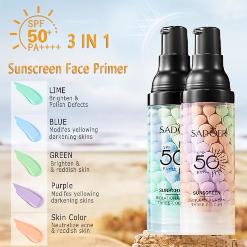 Image of 2 PCS Primer for Face Before Makeup,3 in 1 Sunscreen Isolation Cream,SPF 50,One Step Color Corrector Tinted Moisturizer,Blurs Imperfections Oil Control & Moisturizing Skin Tone Correcting