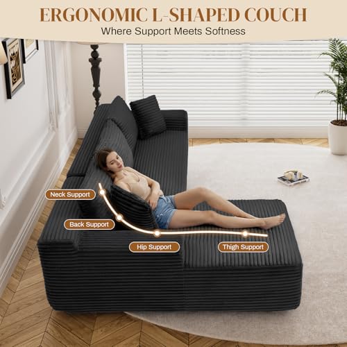 Image of 95 inch L Shaped Boneless Sectional Couches, Wide Armrest, Deep Seat, Memory Foam, Assembly Free, Modern Comfy Corduroy Fluffy Cloud Sofa with Right Chaise for Living Room, Small Spaces, Black