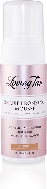 Loving Tan Deluxe Mousse bronceador autobronceador, mediano, sin rayas, bronceado sin sol de calidad profesional, hasta 5 aplicaciones de autobronceador por botella, libre de crueldad, DHA de origen natural, 4 onzas líquidas