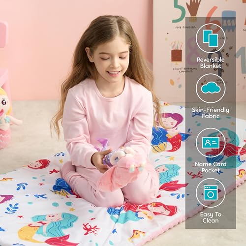 Image of JOIEDOMI Toddler Sleeping Bag for Kids 55''x30'' Nap Mat with Removable Pillow and Minky Blanket for Toddler Ages 3-7 Roll Up Soft Kids Sleeping Bag for Boys Girls Kindergarten Daycare Sleepover