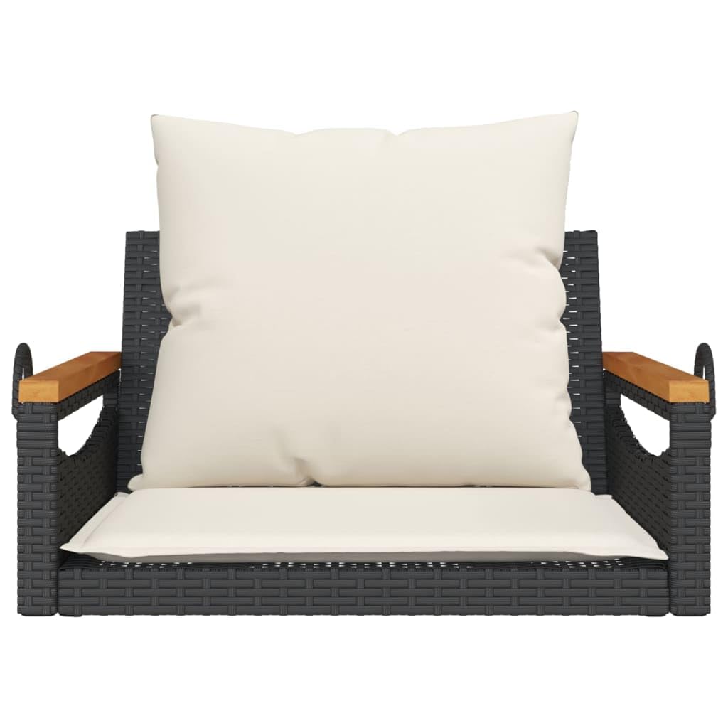 Hamaca colgante de poliratán negro, banco balancín con cojín negro, 63 x 62 x 40 cm, ratán sintético con marco de acero pulverizado, incluye cojín acolchado grueso para jardín y terraza