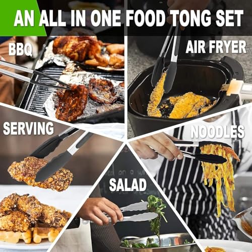 Image of Stainless Steel & Silicone Tongs for Kitchen, Airfryer, Barbeque and Serving- 12 Inch I 230C Heat Resistant, BPA Free, Heavy Duty Non-Stick Clamp Clip, Silicone Tip for Pans (BLACK)