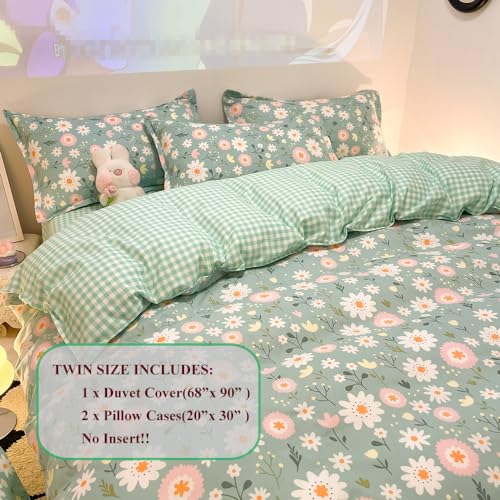 CinYana Sage Green Duvet Cover,Botanical Daisy Floral Duvet Cover Set,3 Pcs Kids Comforter Cover Set,Garden Flower Bedding Set,Soft Reversible for Girls Women Boys(Flowers,Twin)