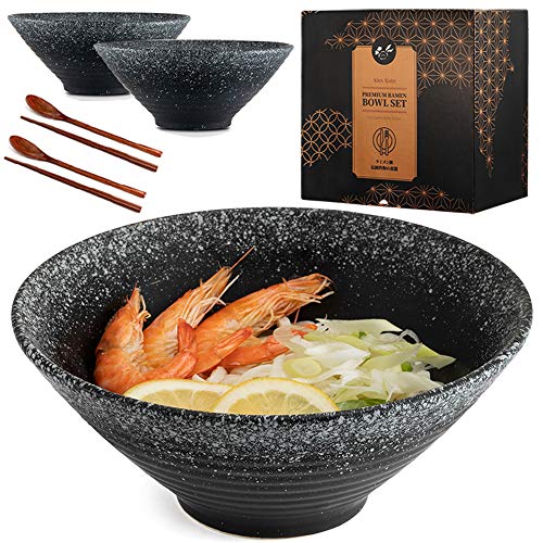 Ceramic Japanese Ramen Bowls Set of 2 - 60 ounce Large Noodle Soup Bowl with Chopsticks and Spoon for Asian Pho Udon Soba Black