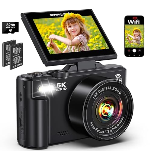 Digital Camera - 5K WiFi Cameras for Photography - Autofocus Digital Cameras 75MP UHD Vlogging Camera for YouTube - Video Camara Travel Camara with 3" 180° Flip Screen, 18X Zoom, 32GB Card, Batteries