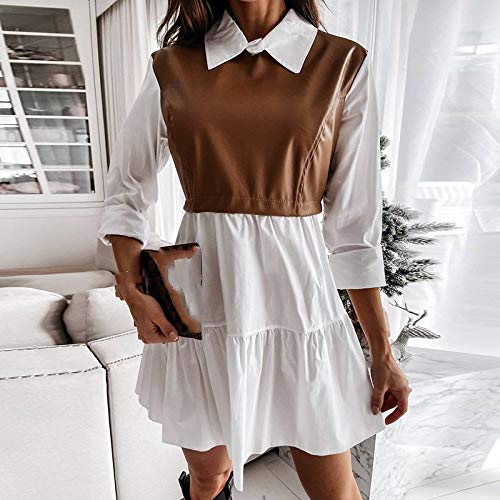 WDLZB Kleid Damen,Patchwork Kariertes Lederkleid Elegante Lady Turn-Down Kragen Rüschen Party Kleid Long Sleeve Shirt Mini Kleid Hohe Taille Mode...