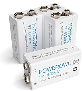 9V Rechargeable Batteries, POWEROWL High Capacity 600mAh 9V Li-ion PP3 Batteries for Microphone, Smoke Alarm, Electric Games, Walkie-talkies, and other devices(4 Pack)