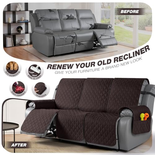 Image of TAOCOCO 100% Waterproof Recliner Covers, Recliner Sofa Covers with Leg Straps, Reversible Recliner Couch Cover for Reclining Chair, Washable Couch Protector for Pets Kids(3 Seater, Chocolate)