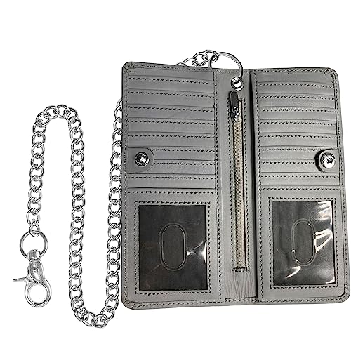 Image of CLASSIC Motorcycle Chain Wallet for Men - Premium Cowhide Leather, RFID Bi-Fold Biker Wallet with Heavy Duty Chain for Bikers Truckers & Hunters, Credit Card Money Organizer Long Wallet Aniline Grey