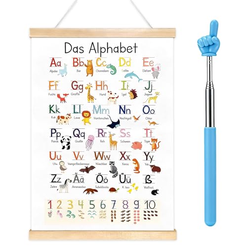 HAOQIAGA ABC Poster für Kinder 30x40 cm Lernposter mit Alphabet und Zahlen aus Holzrolle A - Z mit Rahmen und Fingerlesestab für Kindergarten Vorschule Grundschule