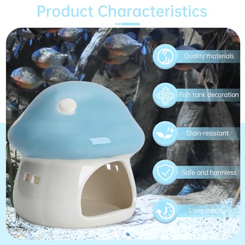 Image of Saim Ceramics Mushroom House Aquarium Decor, Betta Fish Tank Accessories Landscape Decoration, Small Shrimp Goldfishes Habitat Hut Pleco Smalland Breeding Hide Caves Toad House - Blue