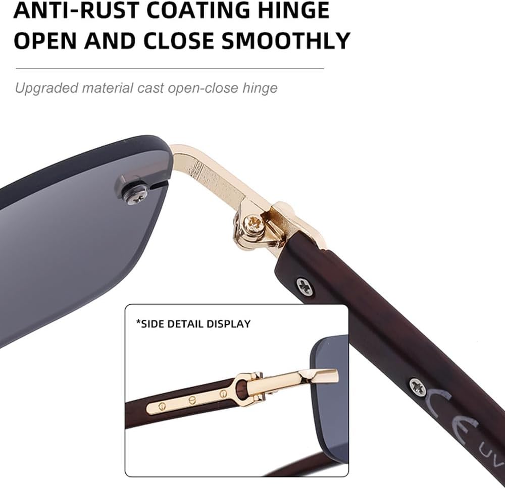 Small Rectangle Rimless Sunglasses Women And Men Luxury Vintage Wood Grain Shades Metal Classic Outdoor Eyewear UV400