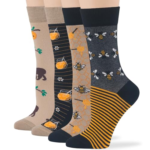 7BIGSTARS KINGDOM Women Cotton Crew Fun Socks - 4 Pack Medium - Bee - Hive Bear - Honey-Sock Size: 9-11 Shoe Size: 5-9 Black Beige Light Beige Orange