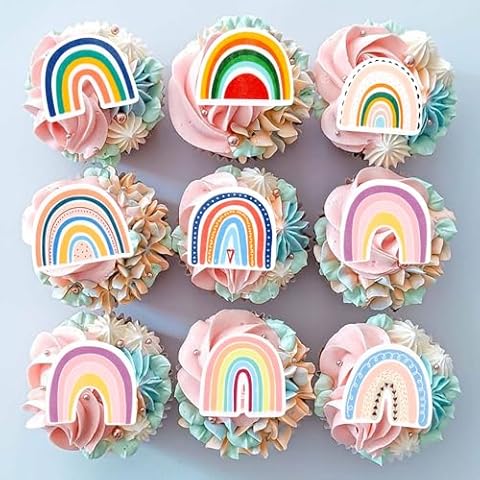 Blumomon 40PC Edible Rainbow Birthday Cupcake Toppers Cover