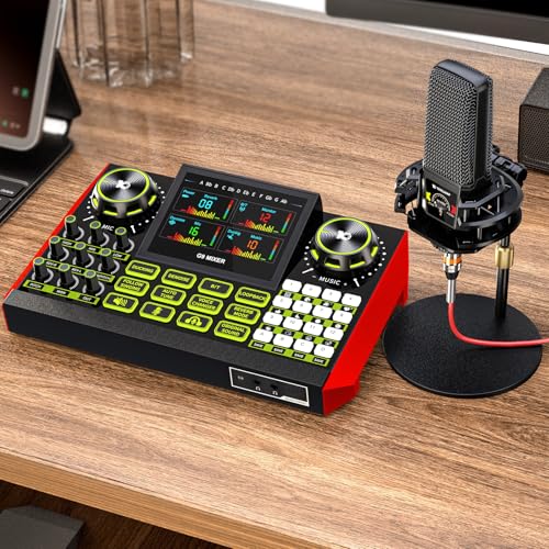 Image of Podcast Microphone Bundle with Live Sound Card Audio Mixer, Podcast Equipment Bundle with 3.5mm Condenser Microphone for Pc /Phone Live Streaming Singing Gaming, Sound Board with Voice Changer, Denoise