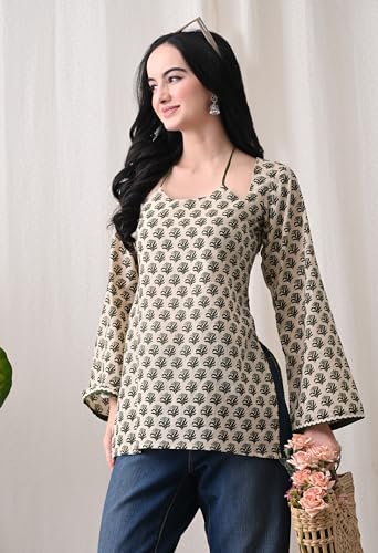 Image of MEERA FAB Women Cotton Printed A-Line Tunic Top with Square Neck | Floral Printed Halter Strap Detail & Bell Sleeves | Short Kurti for Women