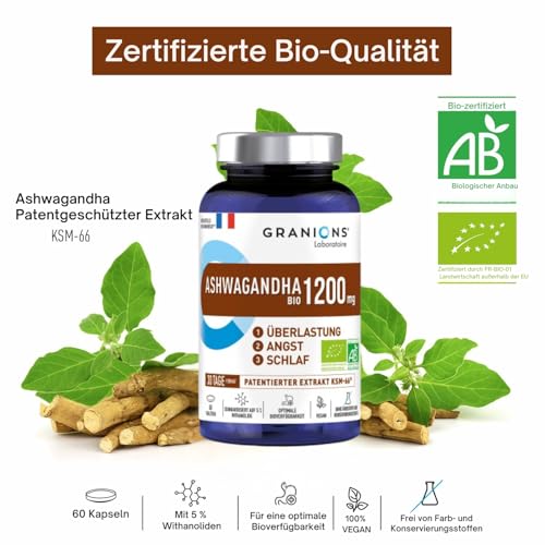 Ashwagandha Kapseln KSM-66 hochdosiert 1200 mg – 60 Tabletten – Natürlicher Stressabbau & cortisol senken – Unterstützt Schlaf, Energie & Nerven – Anti-Stress Nahrungsergänzung - GRANIONS