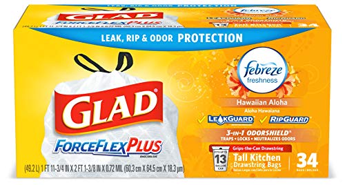 Glad ForceFlexPlus Tall Kitchen Drawstring Trash Bags -13 Gallon White Trash Bag, with Febreze Hawaiian Aloha - 34Count (Package May Vary)