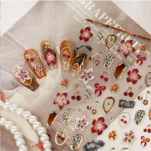 Image of Flower Nail Stickers for Nail Art Cherry Nail Decals Red Nail Art Stickers | 5D Self Adhesive Leopard Nail Stickers Lace Bow Gold Frame Design Nail Decal for Women Manicure DIY Decor Accessories 1 Sheet