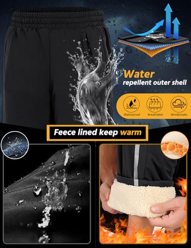 Niwicee Outdoor Hosen für Herren Jogginghose Wasserabweisende Regenhose Thermohose Fleece Gefütterte Trainingshose Sporthose Laufhose Wanderhose mit Reißverschlusstasche Jogger (Schwarz, L)