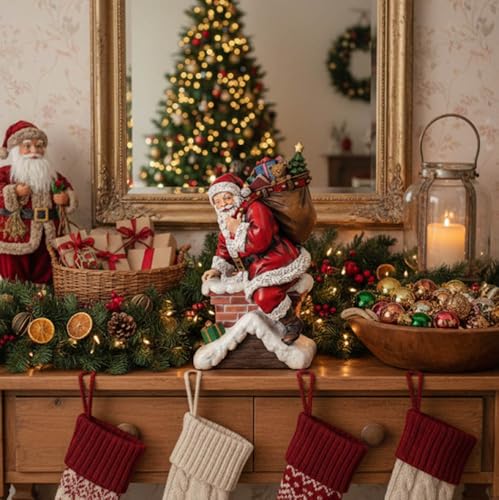 Santa Claus Climbing Down Chimney with Presents Resin Stoneware Christmas Decoration Figurine