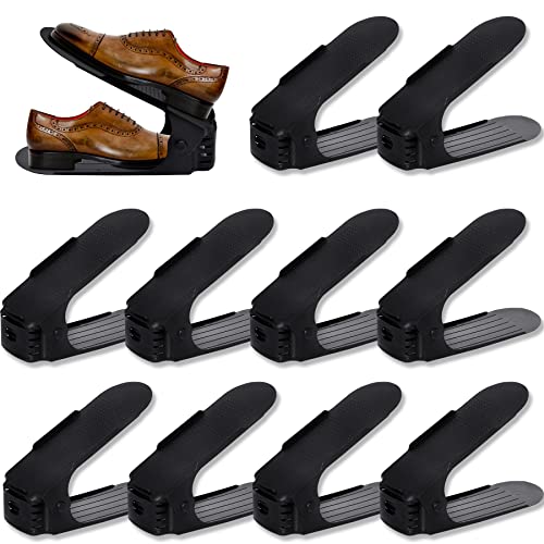 Froadp Zapatero Ajustable 10 piezas Portátil de Plástico Ajustable en Altura 3 Niveles Organizadores de Zapatos Soporte para Entrada Armario Vestidor(Negro)