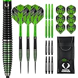 Darts Corner AM0797 BlackFin V2 | 23 g Stahlspitzen-Dart-Set mit 90 % Wolfram Torpedo-Barrels inkl. 6 Flights, 12 Stielen, Checkout-Karte und Aufbewahrungsbox, M6, Grün