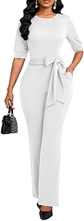 Jumpsuits for Women Dressy Formal Elegant Round Neck Half Sleeve Wide Leg Long Pants Rompers Business Casual Outfits