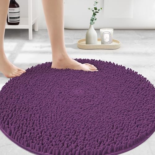 Image of MAYSHINE Round Area Rug Set for Bathroom | Soft Plush Chenille Bath Mat, Water Absorbent Non-Slip Bathroom Rug | Washable Shag Carpet for Shower, Bedroom, or Home Decor | 36 inchx36 inch (Round) | Plum