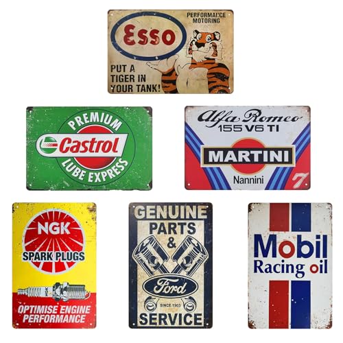 Rongxze Lot de 6 plaques en métal vintage (20 x 30 cm) – Décoration murale rétro pour garage, atelier, bar | Art mural automobile classique,cadeau homme