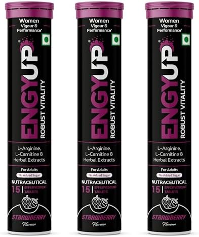 ENGYUP Robust Vitality for Woman | Energy & Stamina Booster | Ashwagandha, Safed Musli, Ginseng, Gokharu, Shatavari, Fenugreek, Arginine, Carnitine | 45 Effervescent Tablets | Strawberry Flavor