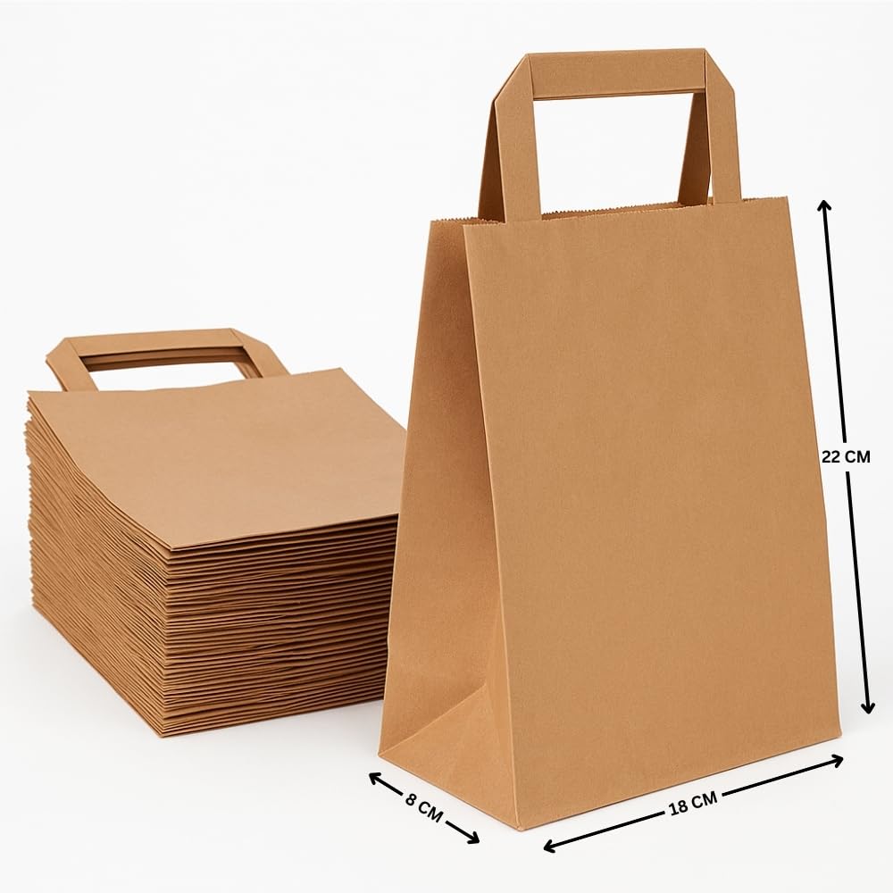 Commerline Sacchetti di Carta Kraft Marrone, 18+8x22 cm, 250 Pezzi – Sacchetti Regalo, con Manico, Riutilizzabili, Ideali per Festa e Borsa per la Spesa