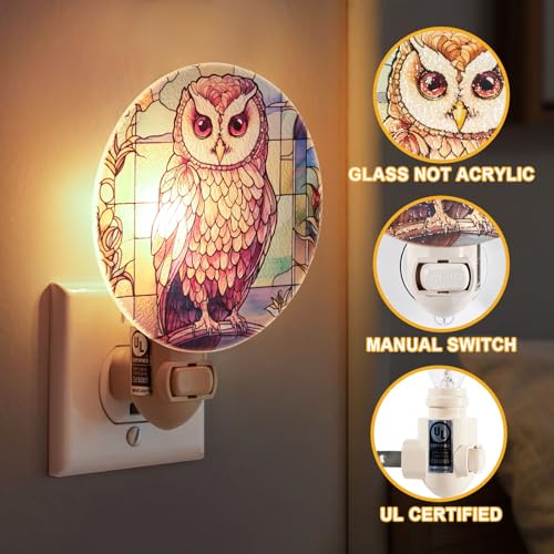 Image of Owl Night Light - Stained Glass Styled Plug-in Wall Light for Vertical Outlets - Real Glass, Warm Glow for Bedroom, Bathroom, Hallway - Cottagecore