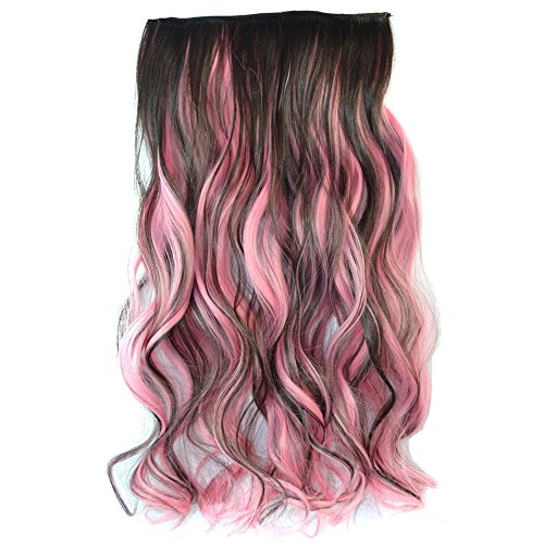 Stepupgirl Hair Extension 20 Inch Brown Mix Pink Two Color Curly Full Head Synthetic Clip on Wig Hairpiece