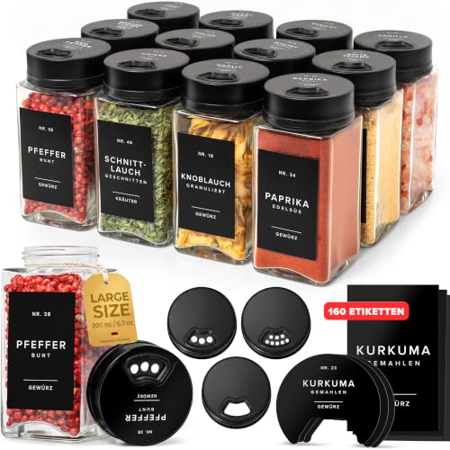 EDELHAUS Gewürzgläser Eckig Set mit Schwarzem Verstellbarerem Deckel (12 x 200 ml) Gewürzstreuer mit Streueinsatz und 160 Etiketten Schwarz - Hochwertige Gewürzbehälter Gewürzdosen Gewürze organizer