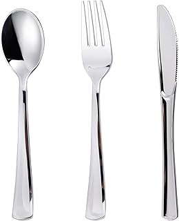 N9R 120 Piezas Cubiertos de Plástico Plateado, Juego de Cubiertos de Plástico Plateado Cubiertos Desechables Vajilla - 60 Tenedores, 30 Cucharas, 30 Cuchillos para Bodas, Fiestas, Cumpleaños y Uso