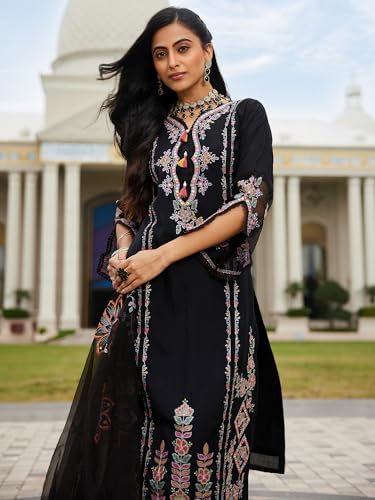 Image of INDO ERA Women's Silk Blend Embroidered Straight Kurta Pant with Dupatta (Ieout6967)