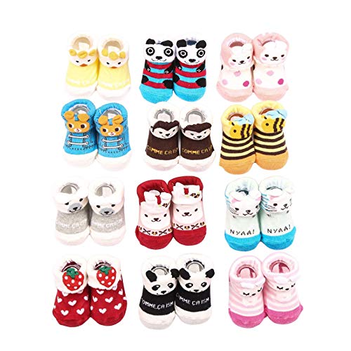 12 Pairs Newborn Infant Baby Anti-Skid Cartoon Cotton Animal Cute Socks 0-12 Months