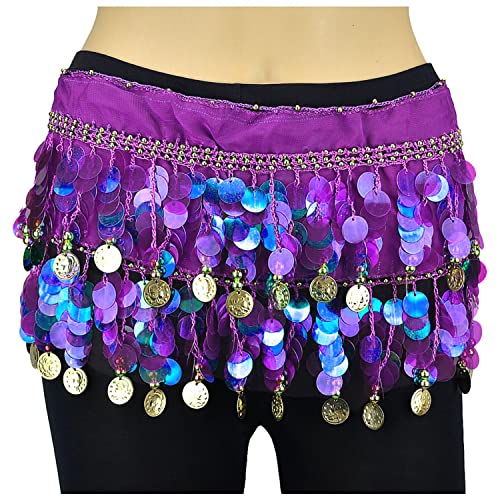 Image of VRITRAZ Women's Chiffon Belly Dance Hip Scarf Waistband Belt Skirt Mixed Colors Beads And Golded Coins 56 Black