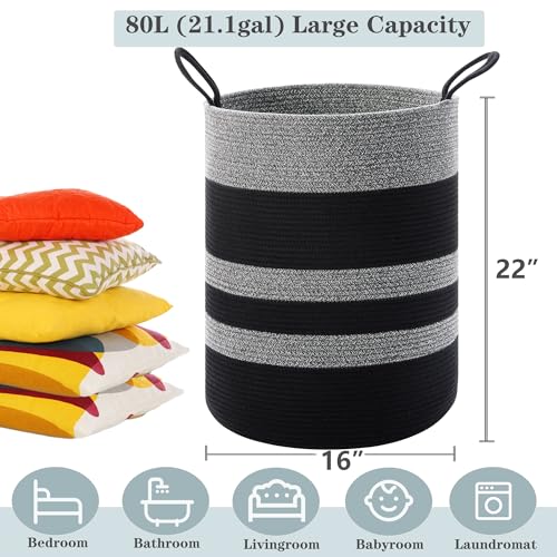 Image of 80L Large Black Laundry Hamper Tall Woven Laundry Basket