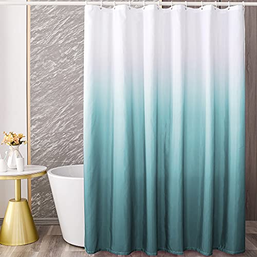 YI & ZE Teal Blue Ombre Shower Curtain Sets for Bathroom Accessories Fabric Polyester Waterproof Modern Shower Curtain Liner with 12 Hooks W72xL72