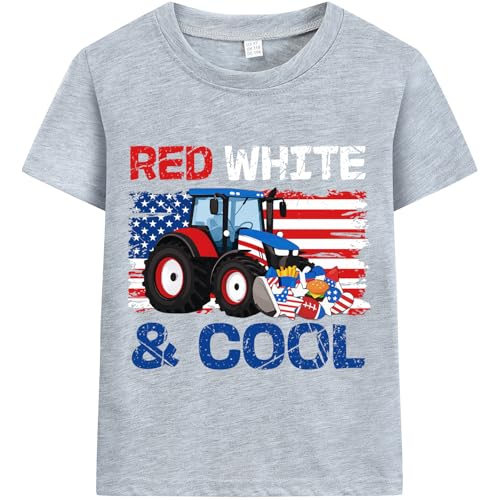 Boys 4th of July T-Shirt Kids American Tee Monster Trucks Tractor Independence Day Patriotic Tops Short Sleeve 2-7 Years