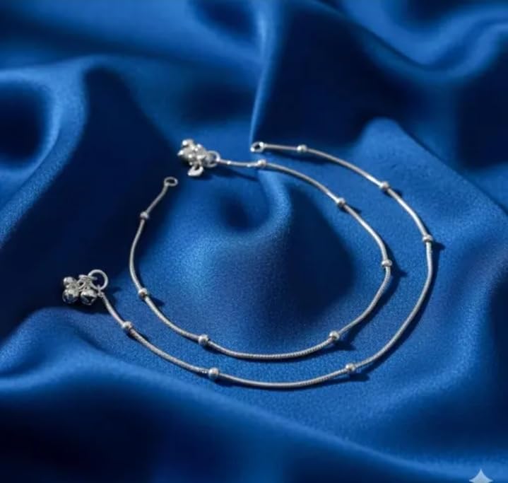 Image of Gota chandi Beaded Anklets with Floral Design, Set of 1, White
