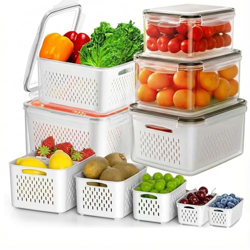 5 PCS Fruit Storage Containers for Fridge, Leakproof Produce Containers for Fridge with Removable Colander, All-In-One Fruit Containers Stainers Berry, Fruits, Vegetables, Salad Keeper Local Stock