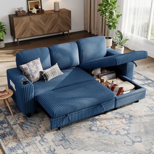 Image of LINSY HOME Sectional Sleeper Sofa with Pull Out Couch Bed Convertible Plush Corduroy Cloud Couch with Storage Chaise & USB Charging, Comfy L Shaped Modular Couches for Living Room Apartment (Blue)