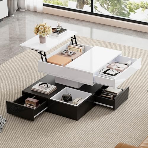 EURHCIO Table Basse Salon Relevable 70x70x40cm avec Plateau Pivotant à 360°,Table D'appoint Brillant à 2 Niveaux,Meuble Bas Rangement avec 3...