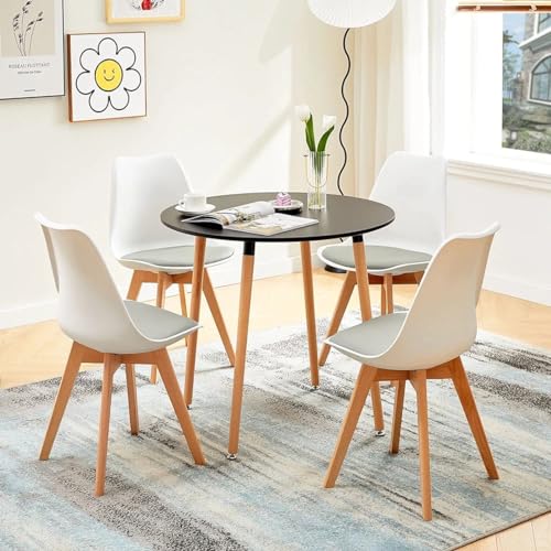 Image of Set of 4 Modern Style Mid Century Modern Dinning Room Cafe Hotel Office Wooden Legs Chair (White with Grey Seat)