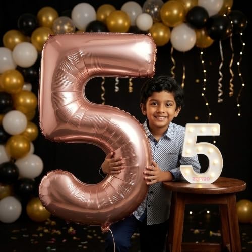 Image of Balloonistics Rose Gold 40-Inch Foil Number 5 Balloon with Matching LED Marquee Light - Combo Set for 5th Birthday, Anniversary, Party Decoration, Photo Booth Backdrop, Cake Table Decor
