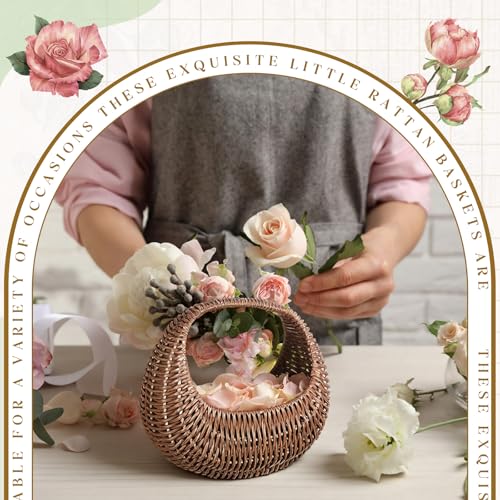 Image of Taiyin 3 Pack Rattan Flower Girl Basket Half Moon Straw Wicker Basket with Handle 6.7 inch x 6.5 inch x 4.3 inch Ideal for Wedding Flower Girl, Picnic, Garden Storage and Home Decor (Brown)